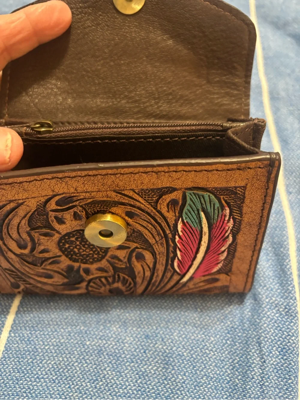 Hand-Tooled Floral Leather Wallet with Pink Accent